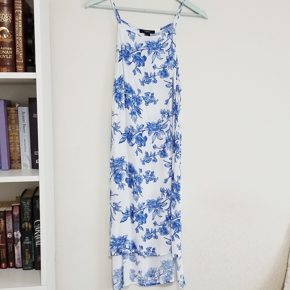 Blue and White Floral Halter Summer Slit Dress